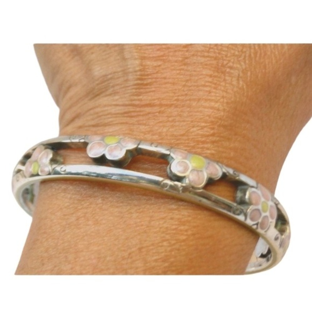 Brighton Silver Floral Pale Pink and Yellow Enamel Flower Bangle Bracelet